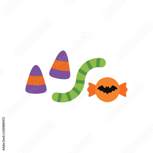 Halloween candy mix with corn candy gummy worm and orange sweet flat vector