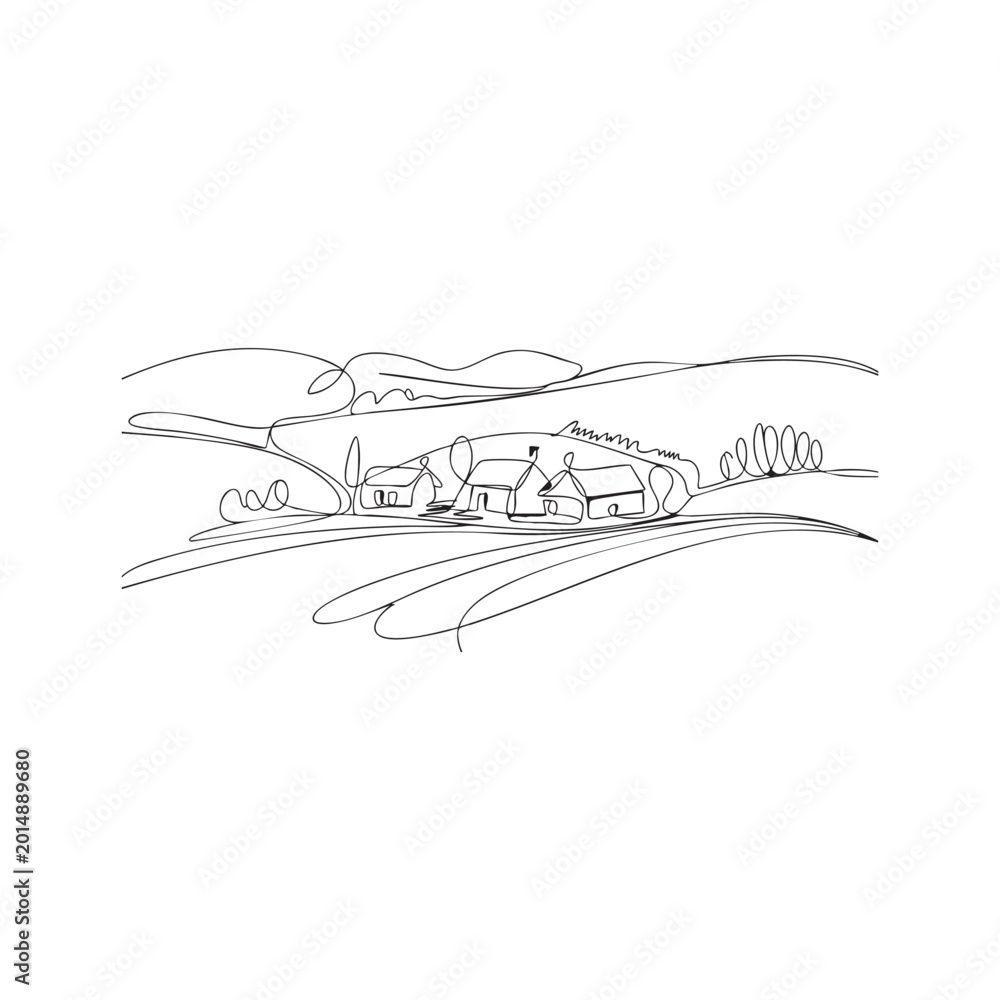 Fototapeta premium Continuous line art of rolling hills and houses in countryside on checkered background.