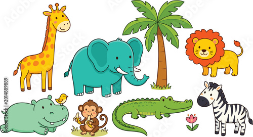 Photography Cute Cartoon Safari and Jungle Animal Vector Set Featuring Giraffe, Elephant, Li