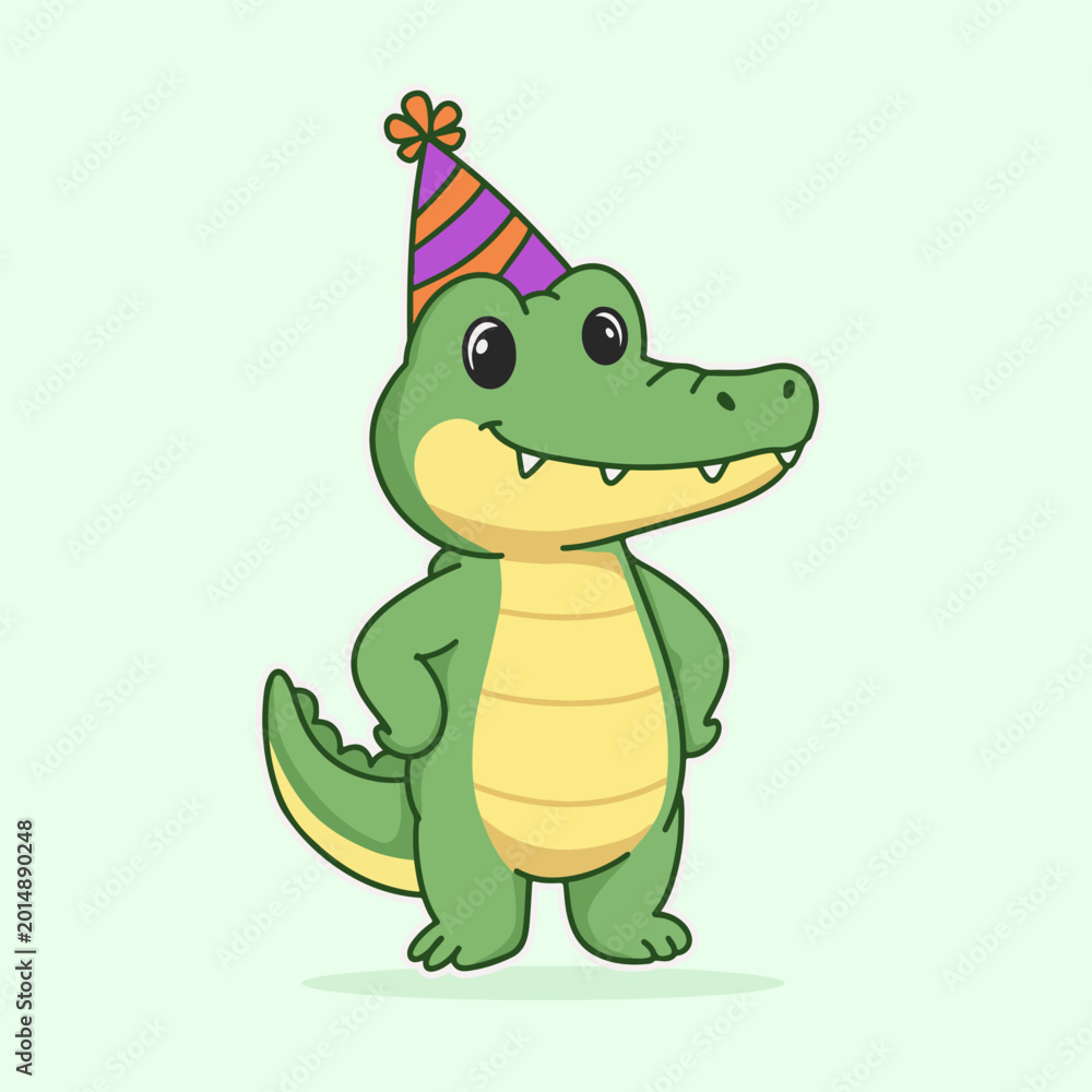 Fototapeta premium Adorable Alligator Mascot Wearing Colorful Birthday Party Hat