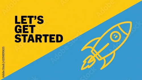 Let's Get Started text and rocket icon on a yellow and blue diagonal background