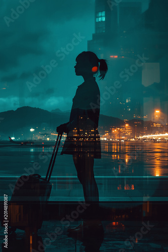 surreal double exposure cinematic composition, side profile of a young woman standing at a night airport platform with a suitcase, emotional departure moment, inside her silhouette visible a dramatic 