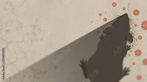 A hantavirus warning illustration, shot from directly above a rodent silhouette as it stands on dusty ground, casting a long shadow.  
