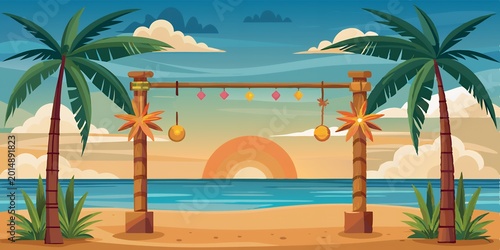 A colorful cartoon beach scene with a tiki torches and palm trees at sunset