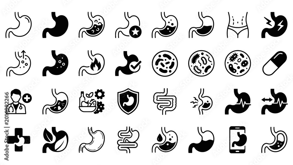 Fototapeta premium Stomach and digestive system icon set, human anatomy and gastroenterology symbols, medical vector collection for gut health and abdominal pain