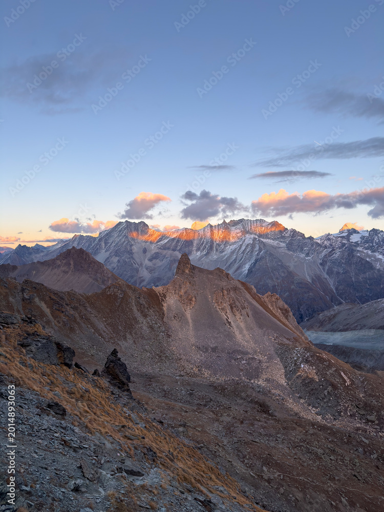 Fototapeta premium Sunset over Arolla Valley from Col de Riedmatten – Swiss Alps, Valais