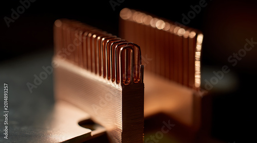 Close-up of a sophisticated copper heatsink, featuring intricate fins and a shiny metallic surface, ideal for high-tech cooling systems and electronic components