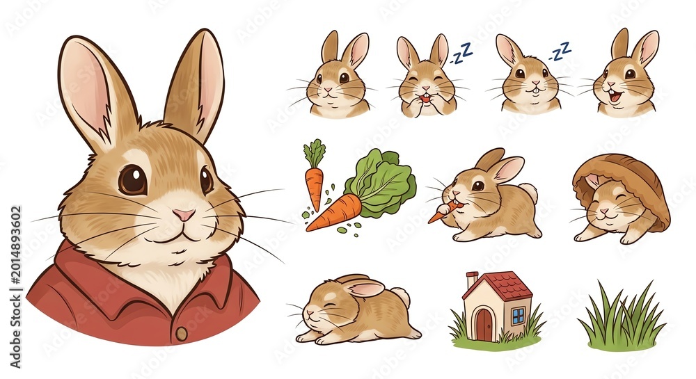 Naklejka premium Cartoon rabbit character sticker set with various poses.
