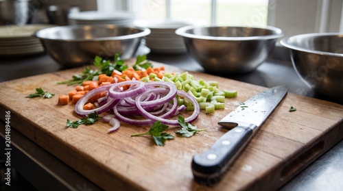 Freshly chopped vegetables on a wooden cutting board, ready for cooking. Including carrots, red onion, celery, and herbs. A chef's knife rests beside the ingredients, suggesting a culinary activity.