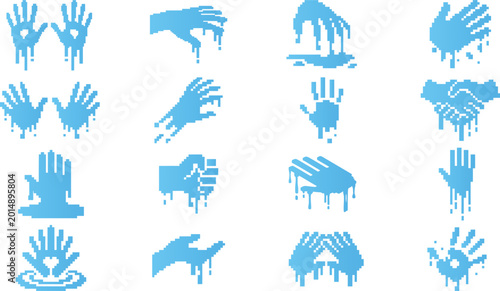 Tableau sur toile Collection of pixel art blue hands reaching dripping dissolving abstract symbols and icons for graphic design