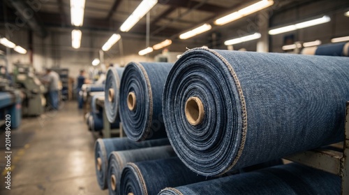 Blue Denim Twill Weave Fabric Rolls Stacked Inside an Industrial Textile Factory, Visible Stitching Details, Overhead Warehouse Lighting, Rugged Material Textures, Authentic Manufacturing Environment
