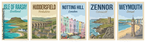 Vintage british united kingdom travel poster set. Including huddersfield, notting hill, isle of raasay, zennor, and weymouth. Retro vector artwork.