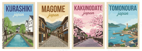 Vintage Japan travel poster set. Including Kakunodate cherry blossoms, Kurashiki canal, Magome post town, and Tomonoura fishing village. Retro vector illustration.
