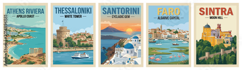 Vintage greece and portugal travel poster set. Including santorini cycladic gem, sintra moon hill, athens riviera, faro algarve, and thessaloniki. Wall art prints.