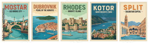 Vintage adriatic and balkan travel poster set. Including dubrovnik, kotor montenegro, mostar bridge, split dalmatia, and rhodes greece. Wall art prints.
