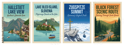 Vintage central europe scenic travel poster set. Including black forest germany, hallstatt lake, zugspitze, and lake bled slovenia. Wall art prints.