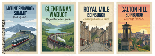 Vintage united kingdom travel poster set. Including calton hill, snownon summit wales, royal mile edinburgh, and glenfinnan viaduct scotland. Wall art prints.