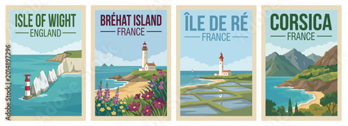Vintage france and england island travel poster set. Including corsica, isle of wight needles, ile de re lighthouse, and brehat island france. Art prints.