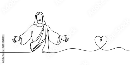 Tableau sur toile Jesus Christ continuous one line drawing, Continuous one line drawing of Jesus Christ with open arms