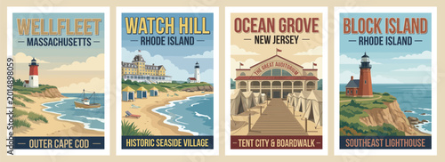 Vintage USA travel poster set. Featuring block island lighthouse, ocean grove boardwalk, watch hill seaside village, and wellfleet cape cod coast. Retro vector.
