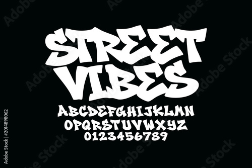 Street vibes typography design with alphabet and numbers on dark background