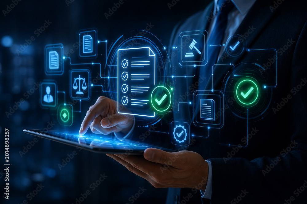 Fototapeta premium Business executive using holographic compliance dashboard on tablet with legal security and audit icons, digital governance, document management, risk control, corporate compliance, data protection