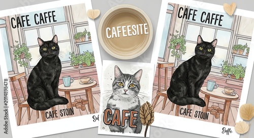 Illustrated postcards featuring black cat at garden cafe