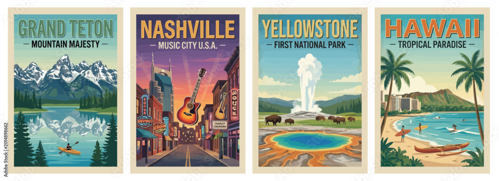 Fototapeta premium Vintage usa travel poster set. Including nashville music city, hawaii tropical paradise, yellowstone park, and grand teton mountain majesty. Retro vector art.