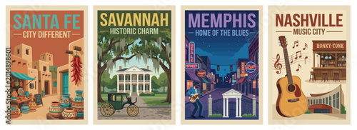 Vintage usa travel poster set. Including nashville music city, memphis home of the blues, savannah historic charm, and santa fe city different. Retro vector.