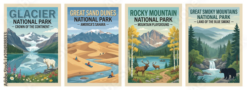 Vintage usa travel poster set. Including rocky mountain, great smoky mountains, great sand dunes, and glacier national park. Retro vector illustration.
