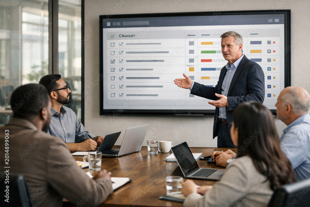 Fototapeta premium Diverse business team meeting in modern office with executive presenting digital project management dashboard, collaboration, corporate strategy, productivity teamwork planning leadership presentation