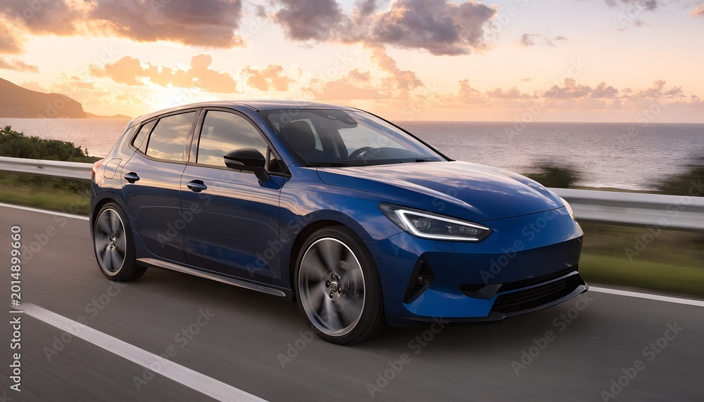 Naklejka premium Blue Electric SUV Driving Along Coastal Road at Sunset with Palm Trees and City Skyline.