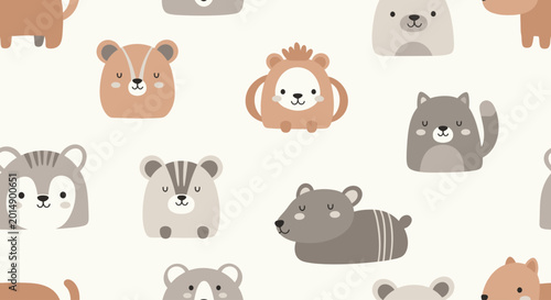 Canvas Print Seamless pattern featuring cute cartoon animal faces with neutral colors