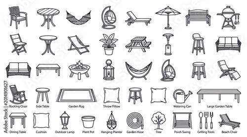 Black and white outdoor patio furniture icon set, 40 vector icons featuring patio chair, garden table, hammock, swing chair, sun lounger, umbrella, outdoor bench, barbecue table, clean outline design