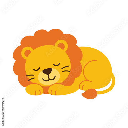 Fotografie Cute cartoon lion sleeping peacefully on a white background.