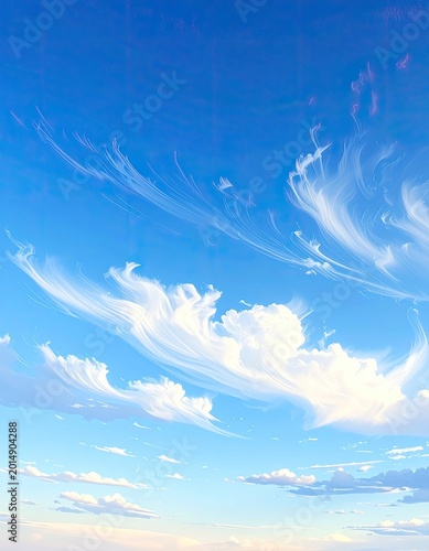 A vibrant blue sky is adorned with wispy cirrus clouds and fluffy cumulus formations, creating a serene and picturesque atmospheric scene.
