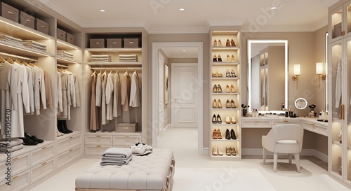 Luxury white walk-in closet with organized clothing and vanity.