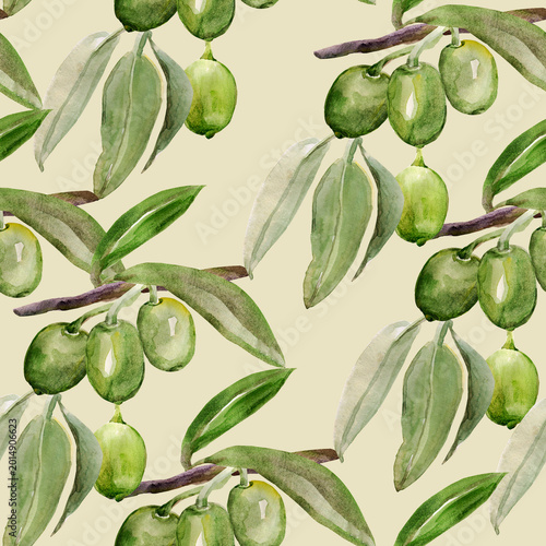 Watercolor olive tree branch. Image on white and colored background. Patten seamless.