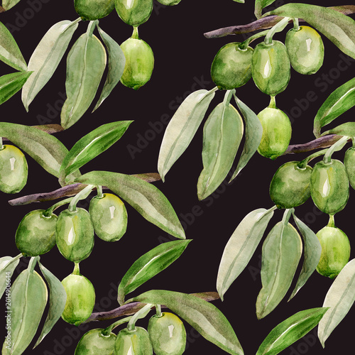 Watercolor olive tree branch. Image on white and colored background. Patten seamless.