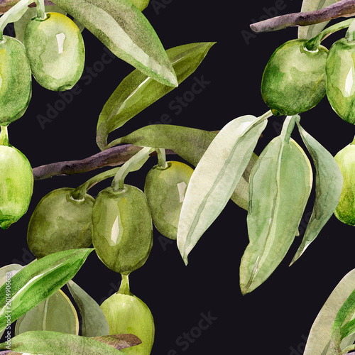 Watercolor olive tree branch. Image on white and colored background. Patten seamless.