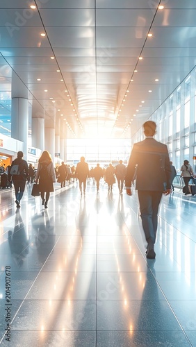 A busy airport terminal hallway is filled with people walking towards a bright light at the end.
