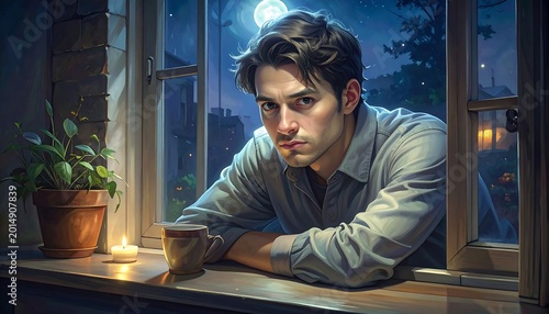 A young man gazes out a window at night