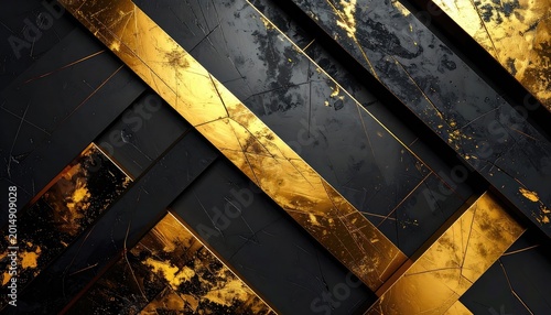 A striking abstract composition features intersecting black and gold planes with a cracked, textured surface.