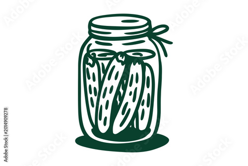Green mason jar with pickled cucumbers tied with string bow