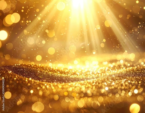 A dazzling abstract image showcases a golden bokeh effect with shimmering particles and radiant light beams, creating a luxurious and ethereal atmosphere.