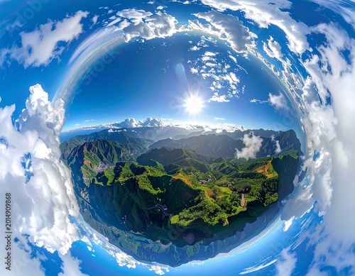 tiny planet aerial view sun over green mountain range with clouds panoramic earth curvature