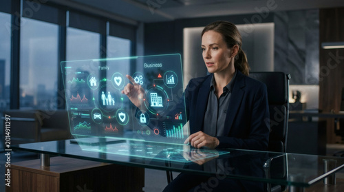 Insurance consultant analyzing family and business protection risks on futuristic holographic dashboard, secure financial planning environment, digital safety icons, modern office atmosphere, cinemati