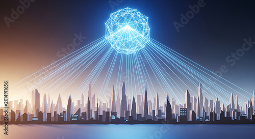 A city with a light beam in the middle