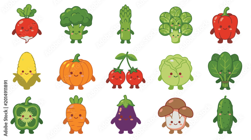 Fototapeta premium Set of Cute Vegetable Characters with Happy Faces, Kawaii Garden Vegetables Vector Illustration Stickers