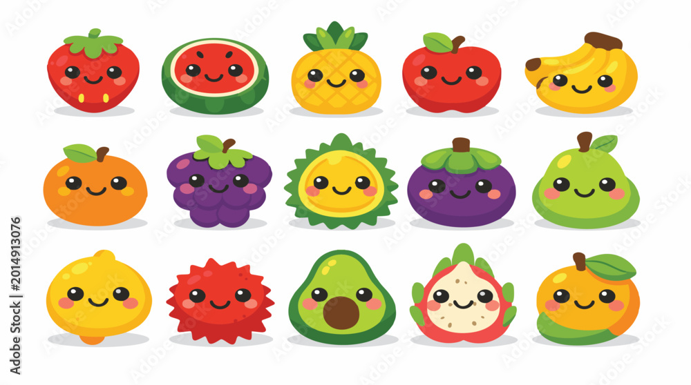 Fototapeta premium Set of Cute Fruit Characters with Happy Faces, Kawaii Tropical and Garden Fruits Vector Illustration Stickers